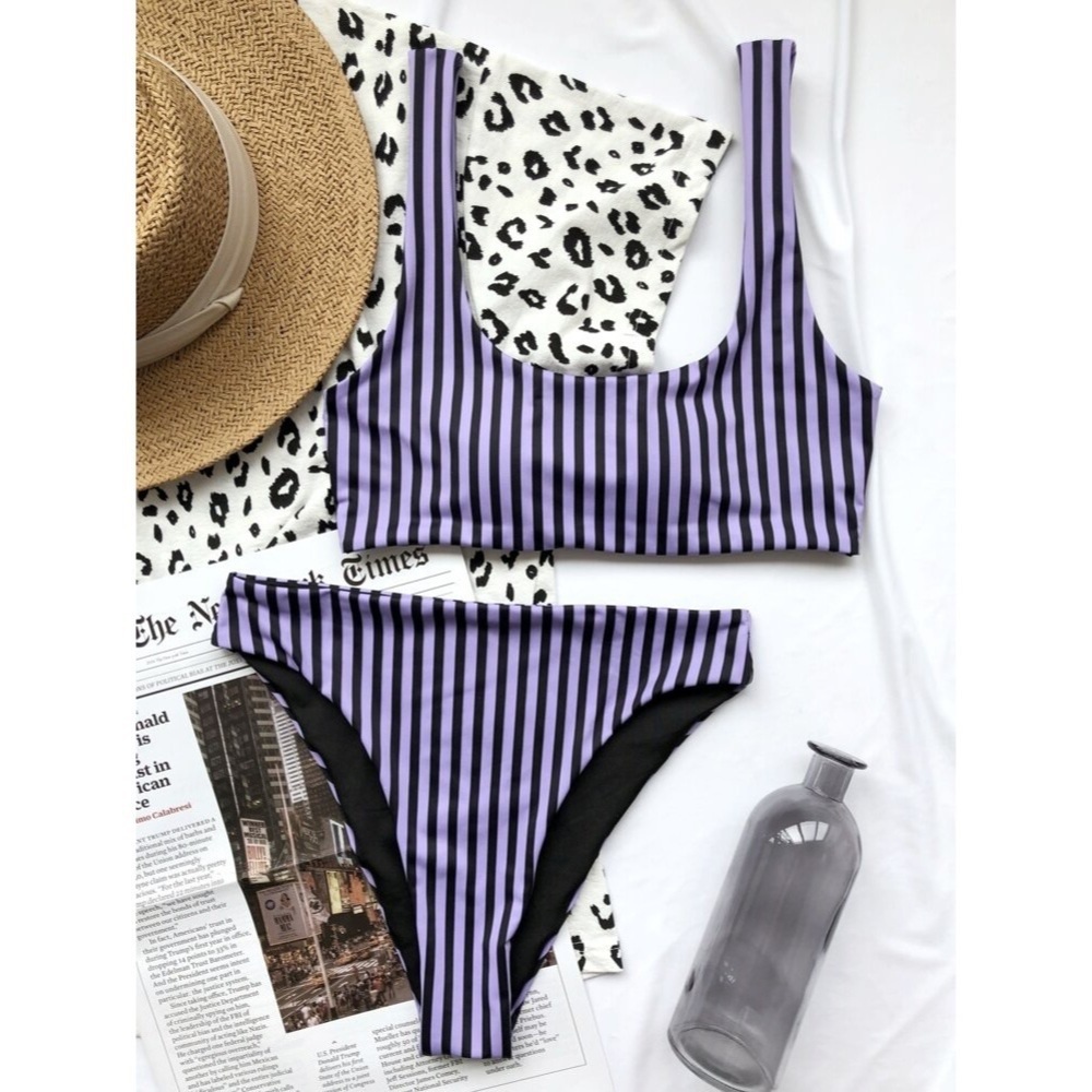 Striped High Waisted Bikini Swimsuit